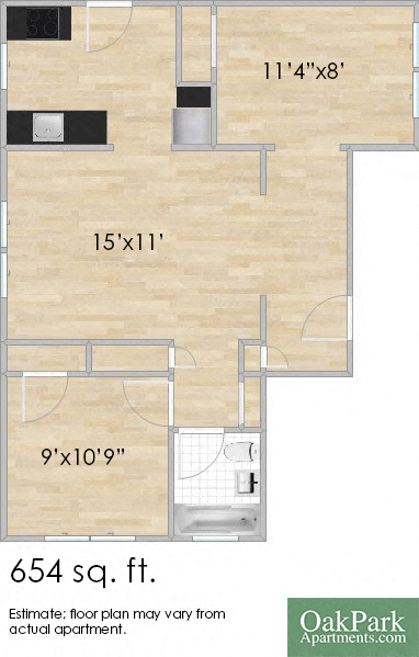 Floor plan for 1 bed, 1 bath, 654 sqft